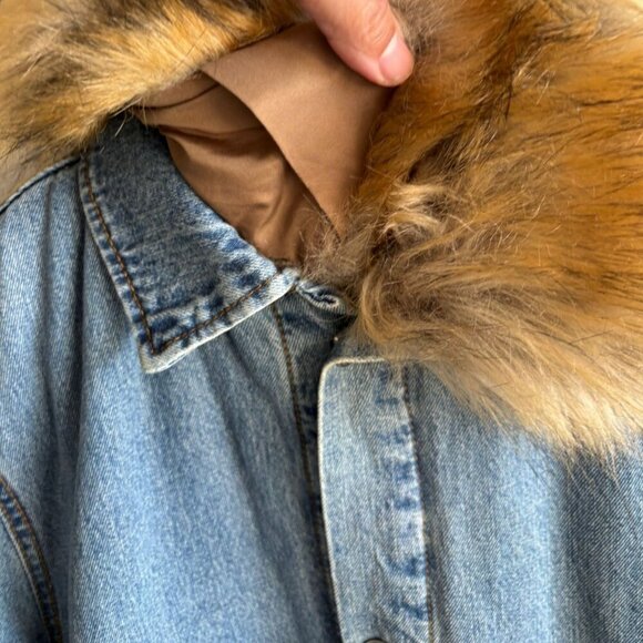 Zara Womens Detachable Faux fur Collar Long Denim Coat Denim Size Small - Picture 11 of 16